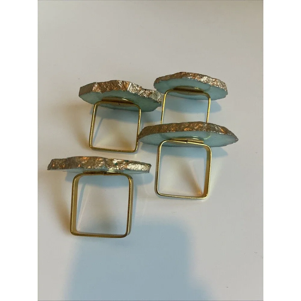 Set Of 4 Copper Dinner Napkin Rings Agate Stone Natural Geode Rock Mineral